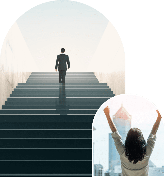 Businessperson climbing stairs to success.